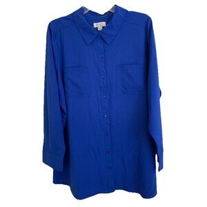D & Co Womens Blouse Top 1X Blue Button Up Shirt Pockets Long Slv (Small Flaw)